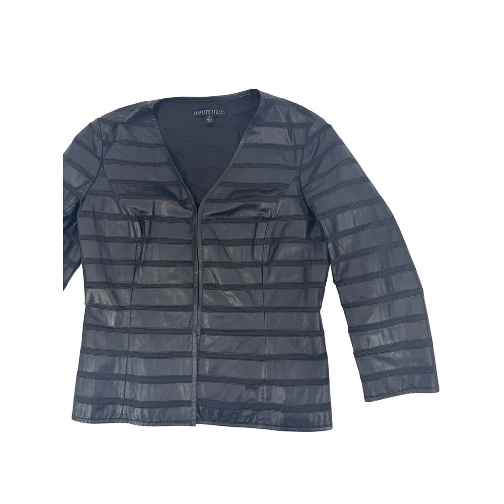 Lafayette 148 New York Leather Jacket Womens 8 Black Tiered Moto Luxury Blazer